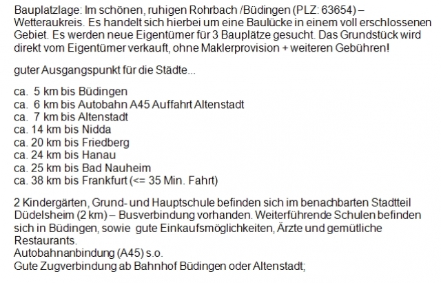 TOP BAUPLÄTZE - je 515m in Rohrbach/Büdingen im Wetteraukreis voll erschlossen