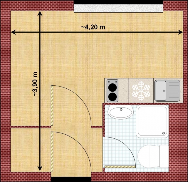 Pflegeleicht für Student / Praktikant, 1 Zimmer Wohnung (1ZW), 16qm., Einbau Ko